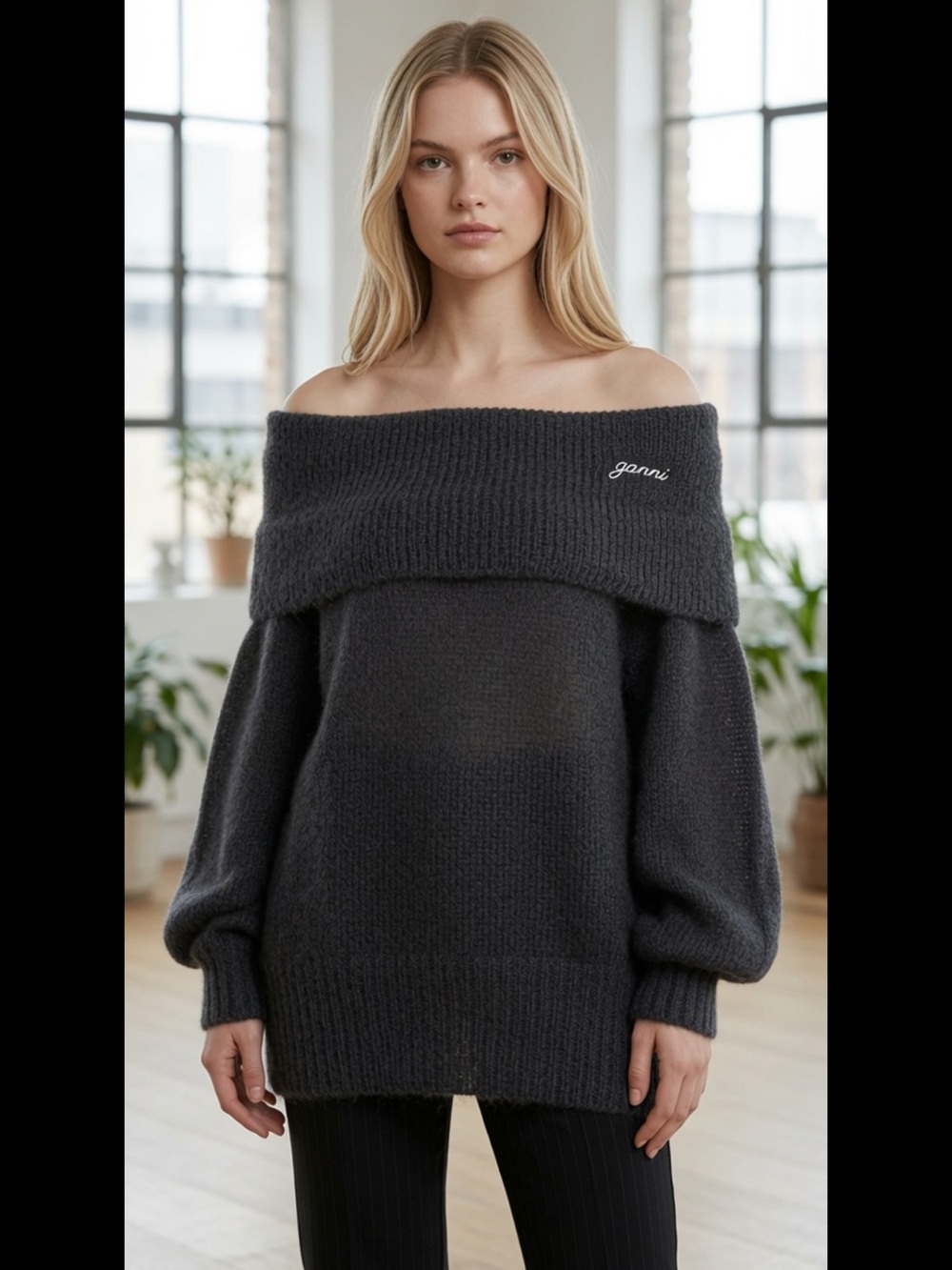 Ganni Charcoal Mohair Sweater with Script Logo